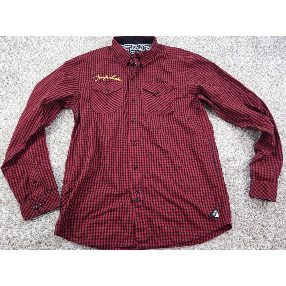 10 Deep Tough Luck Shirt Mens 2XL Red Black Plaid Flannel Streetwear Button Up